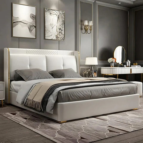 Galaxy Leatherette Upholstered Bed styled in modern bedroom interior with grey theme