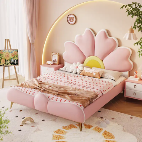 Flower Design Upholstered Kids Bed In Suede