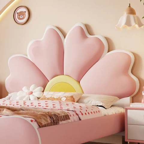 Flower Design Upholstered Kids Bed In Suede