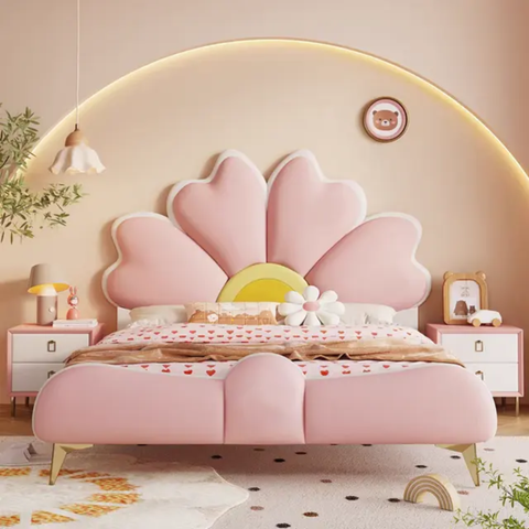 Flower Design Upholstered Kids Bed In Suede