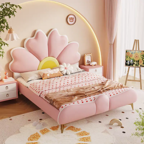Flower Design Upholstered Kids Bed In Suede
