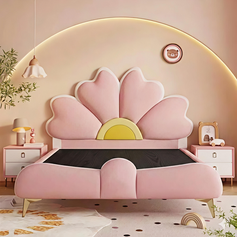 Flower Design Upholstered Kids Bed In Suede